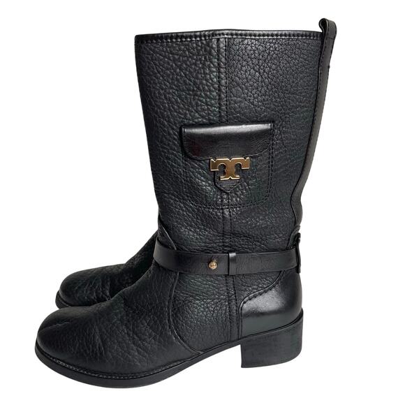 Tory Burch Leona Black Pebbled Leather Mid Calf Moto Boots Size 8 M - Picture 1 of 15